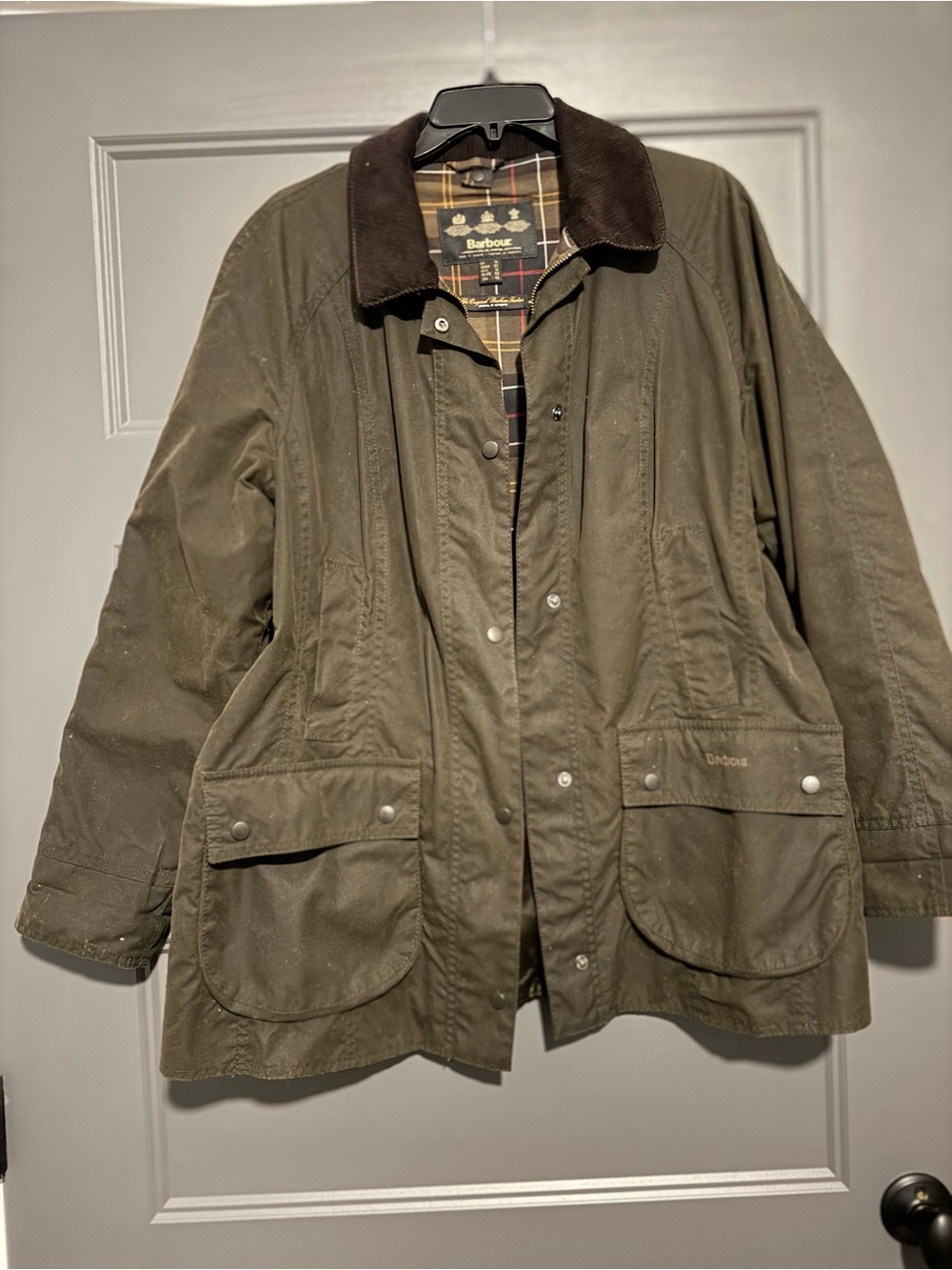 Barbour Olive Green Utility Jacket with Brown Cord Collar